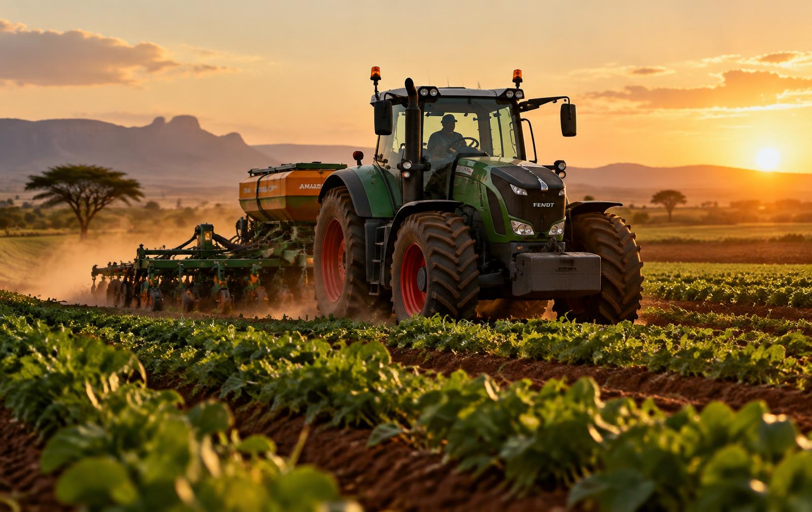 Tractor pulling implements across a Southern African field at golden hour